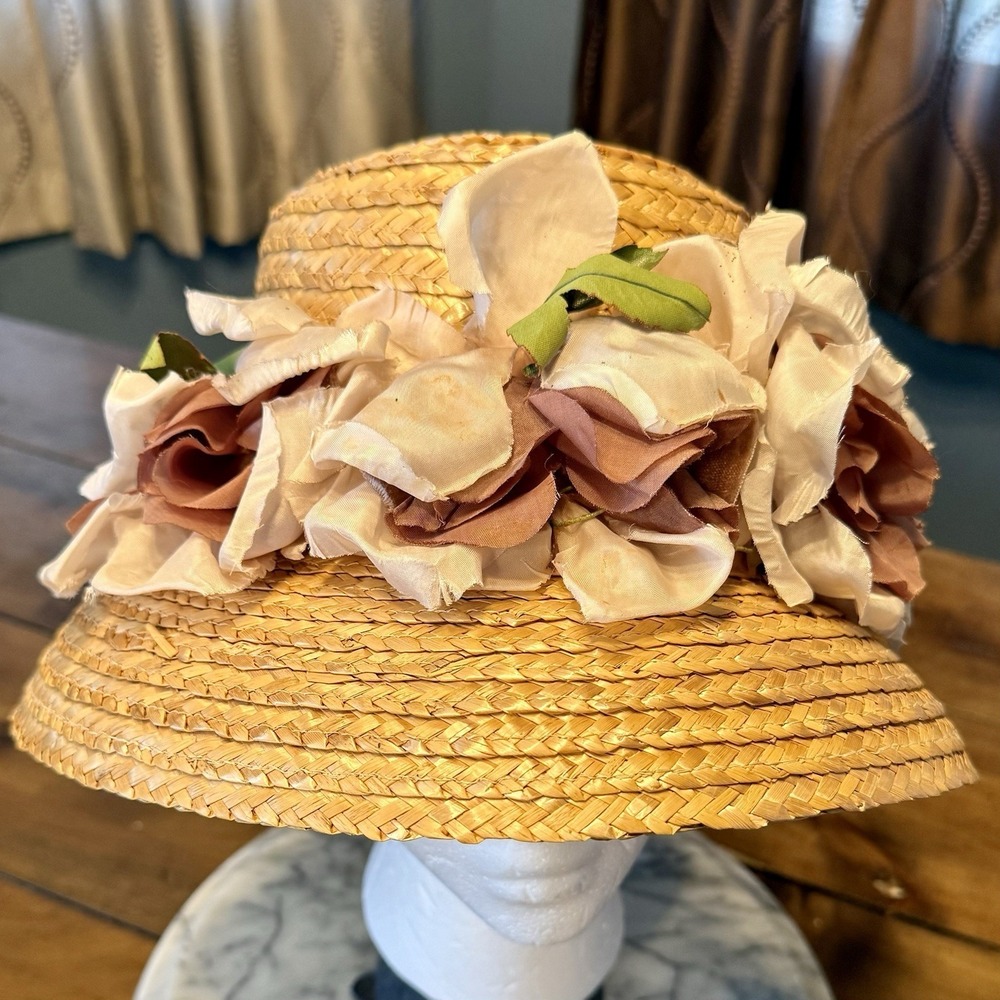 VTG 50s MCM Brimmed Straw Hat Velvet Ribbon & Flower Sun Hat Cottage Granny Core